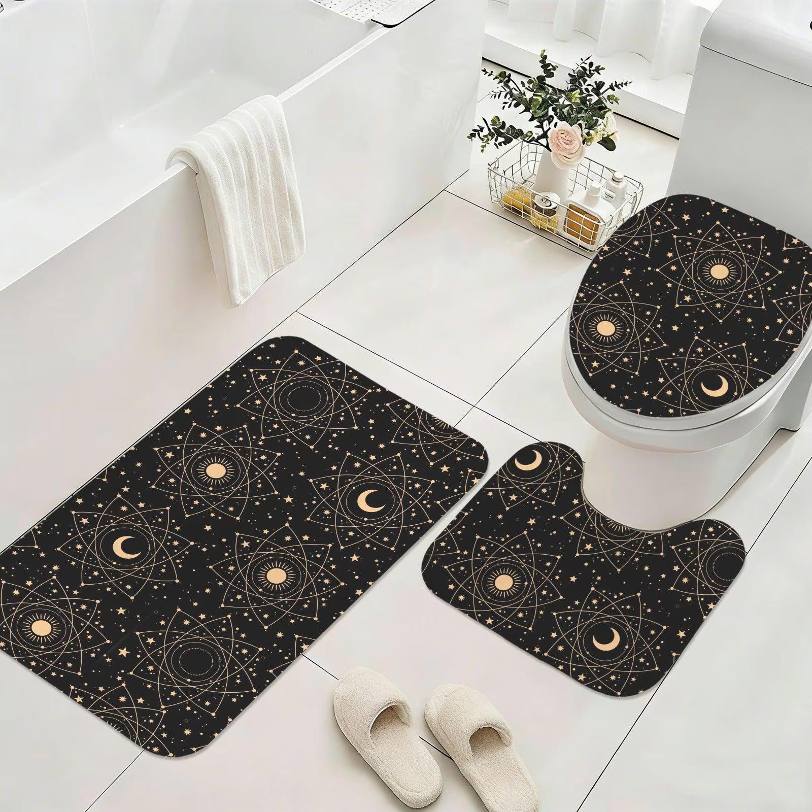 Black Celestial Moon Phase Shower Curtain, Astrology Sun Star Bath Decor