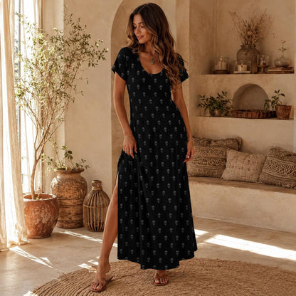 Black Skull Maxi Dress, Subtle Allover Print, Casual Summer Lounge Outfit