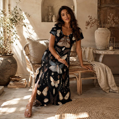 Dark Boho Moth Print Maxi Dress, Woodland Butterfly Slit Summer Outfit, Festival & Garden Wear