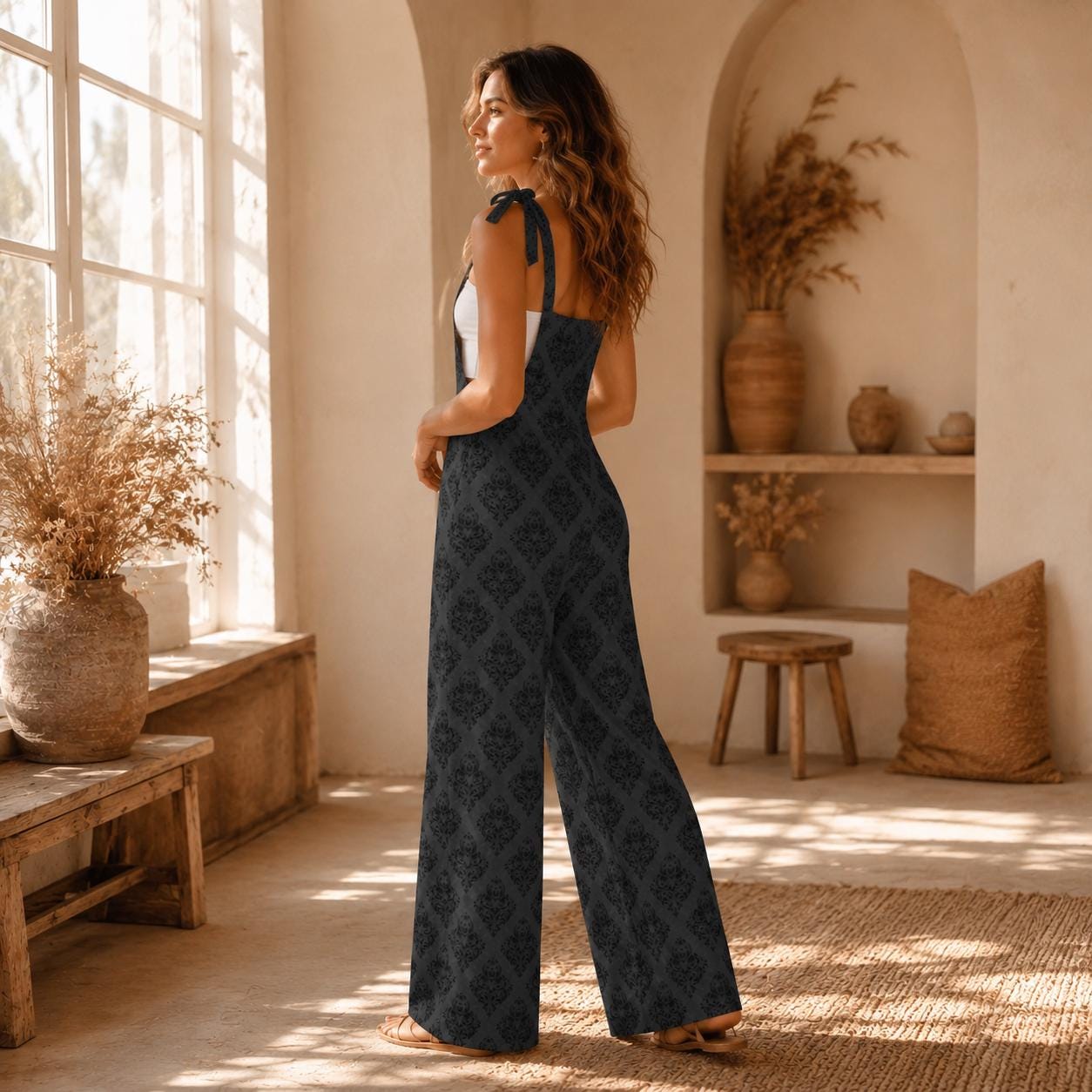 Gothic damask jumpsuit, tie strap wide leg romper, charcoal one piece outfit