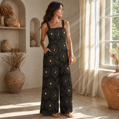 Black Celestial Moon & Stars Wide Leg Jumpsuit, Boho Astrology Romper with Tarot Print