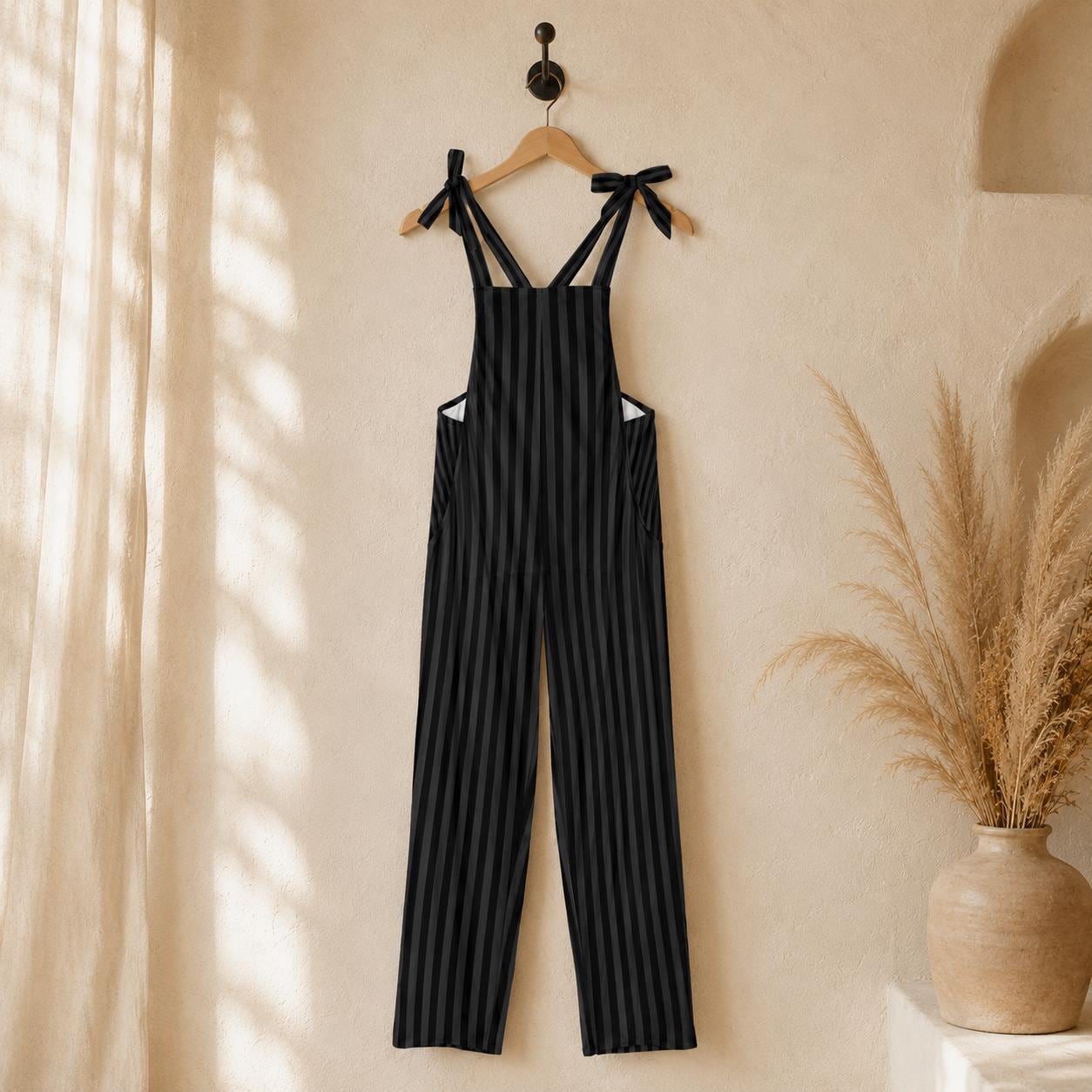 Black Pinstripe Wide-Leg Overalls Jumpsuit, Dark Academia Dungarees, Boho Vertical Stripe Pants for Women