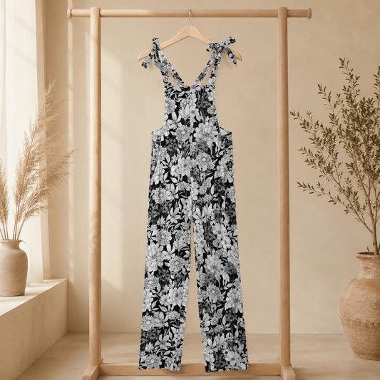 Botanical floral wide leg dungarees with adjustable ribbon straps and nature print, cottagecore overalls