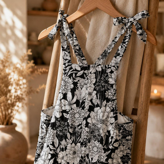 Botanical floral wide leg dungarees with adjustable ribbon straps and nature print, cottagecore overalls
