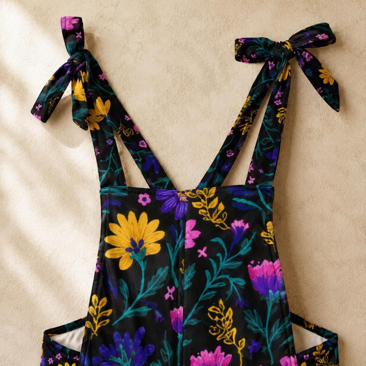 Colorful floral overalls, botanical wide-leg dungarees, festival and art event outfit, nature-inspired fashion
