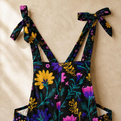 Colorful floral overalls, botanical wide-leg dungarees, festival and art event outfit, nature-inspired fashion