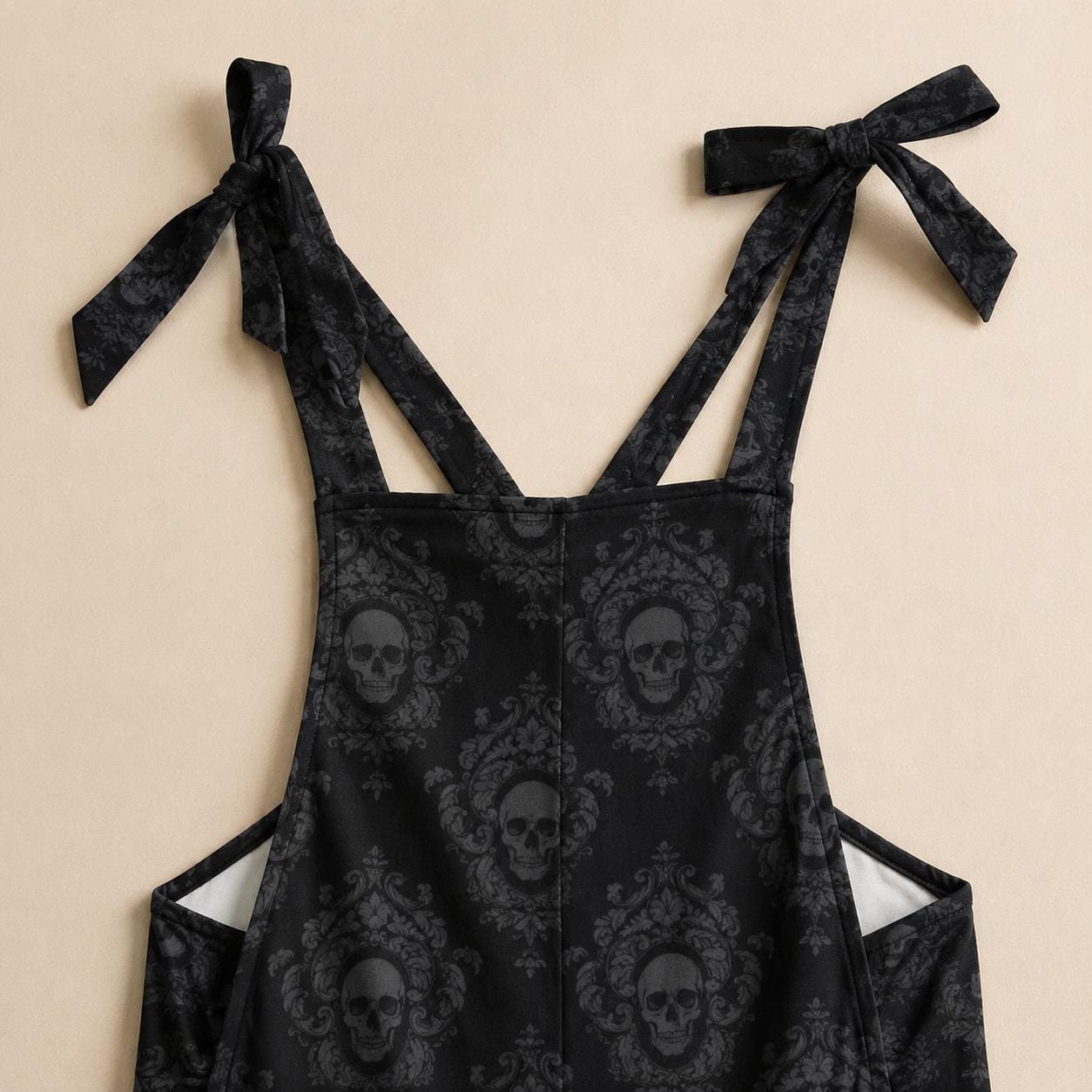 Skull Print Overalls, Black Gothic Jumpsuit, Witchy Wide Leg One Piece