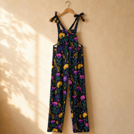 Colorful floral overalls, botanical wide-leg dungarees, festival and art event outfit, nature-inspired fashion