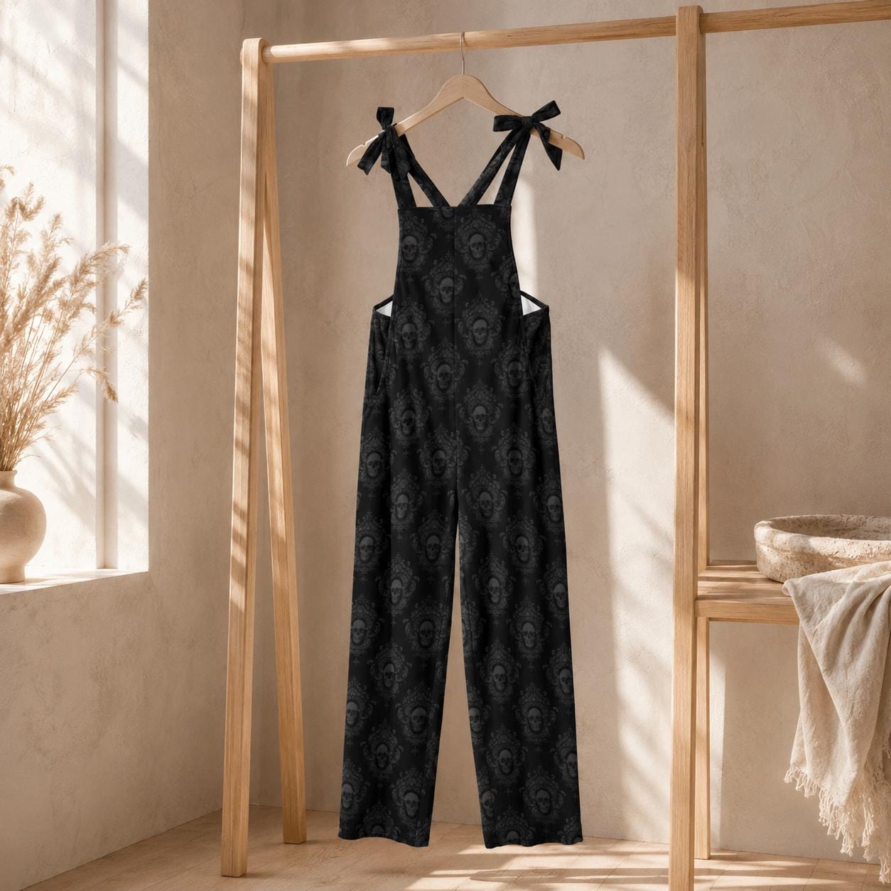Skull Print Overalls, Black Gothic Jumpsuit, Witchy Wide Leg One Piece