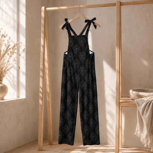 Skull Print Overalls, Black Gothic Jumpsuit, Witchy Wide Leg One Piece