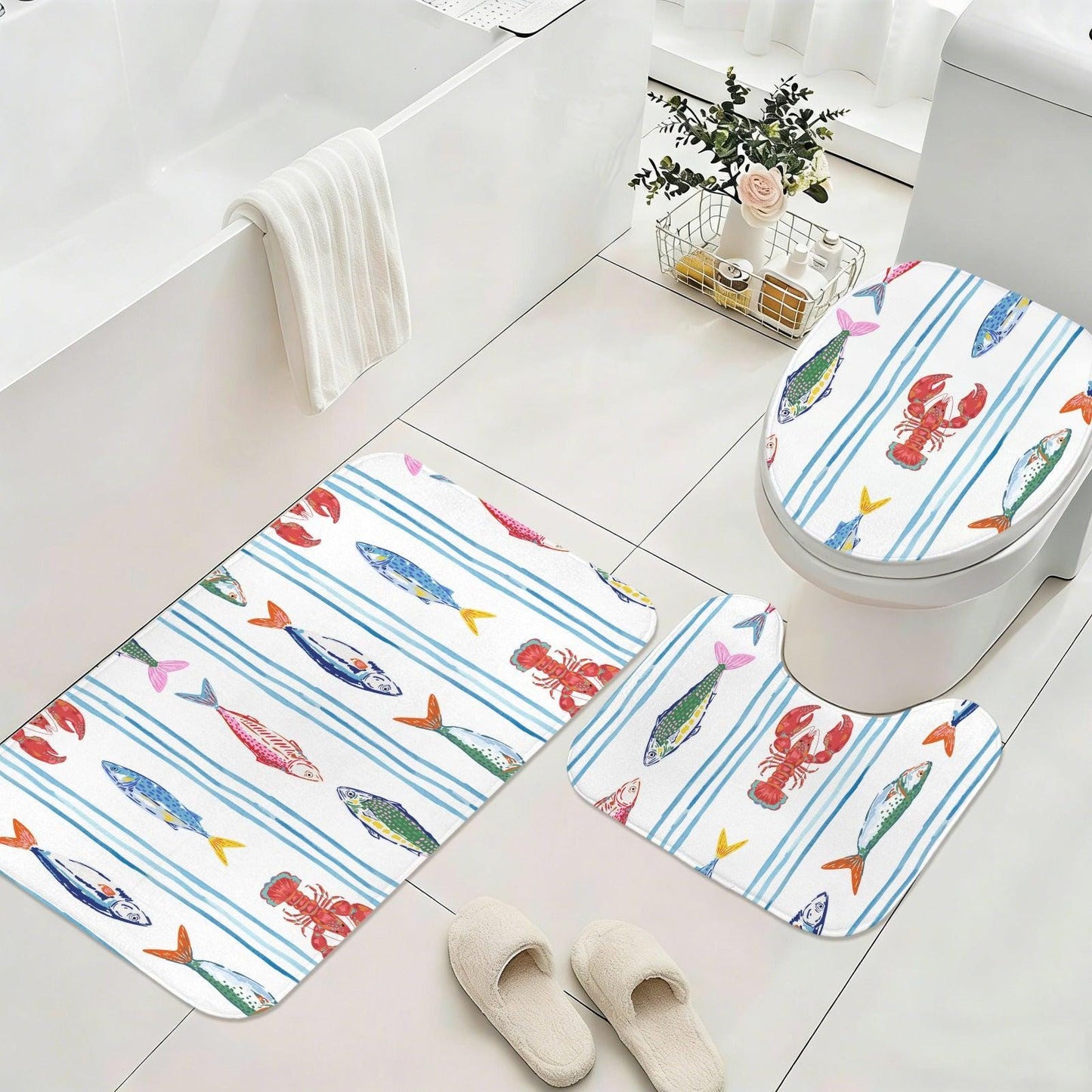 Coastal Fish Shower Curtain, Watercolor Seafood Bathroom Decor, Nautical Stripe Ocean Bath Accent