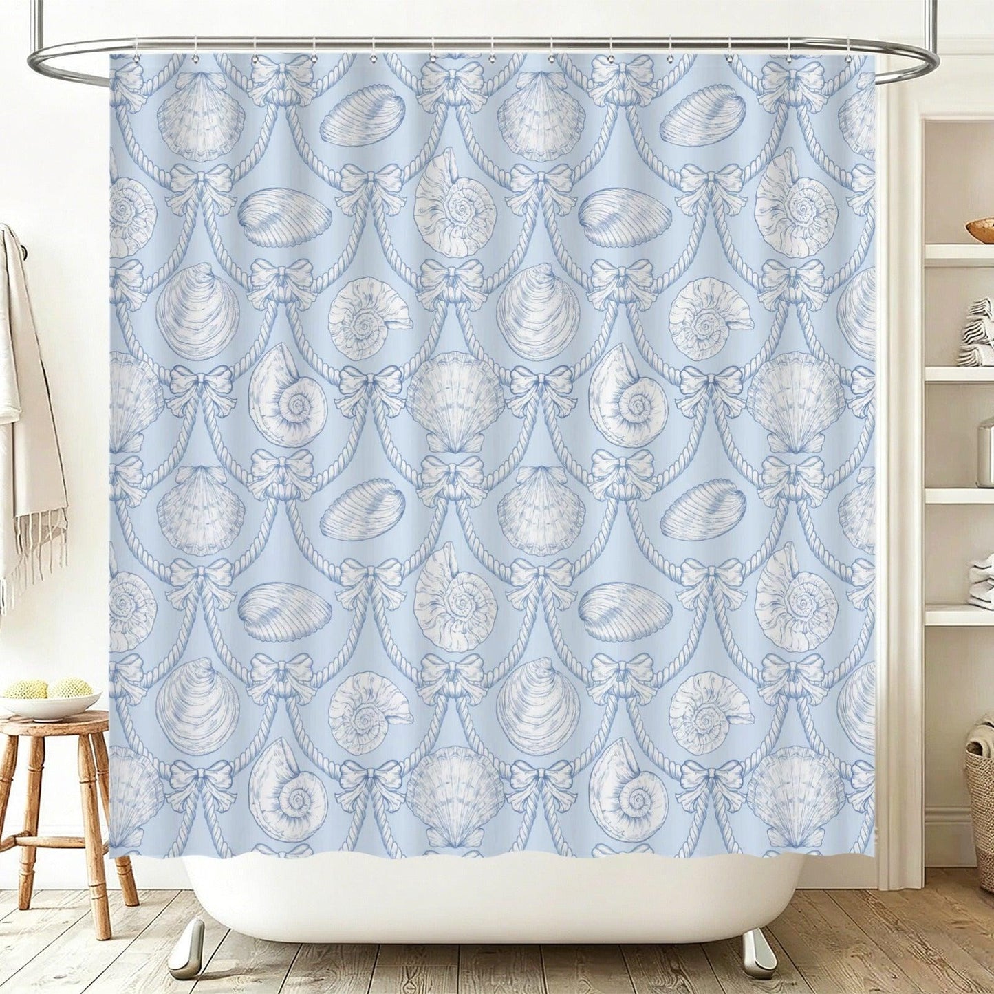 Seashell Bath Mat Set, Coastal Rope Bow Bathroom Rug, Nautical Toilet Contour Mat