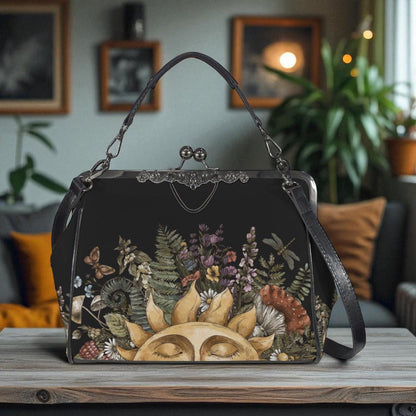 Kiss Lock Purse, Dark Cottagecore Handbag, Sun Botanical Frame Bag