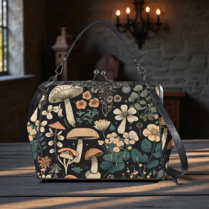 Mushroom Floral Kiss Lock Purse, Woodland Cottagecore Satchel, Vintage Frame Handbag