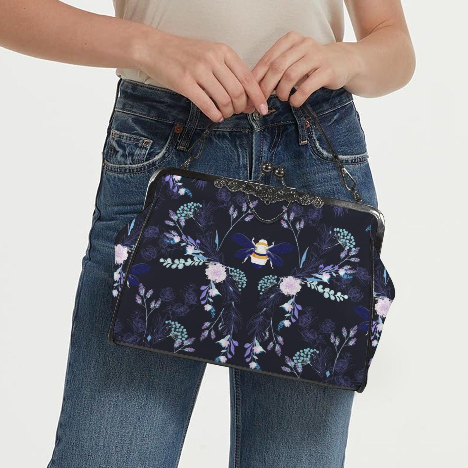Bee Floral Kisslock Bag, Night Garden Purse, Cottagecore Handbag