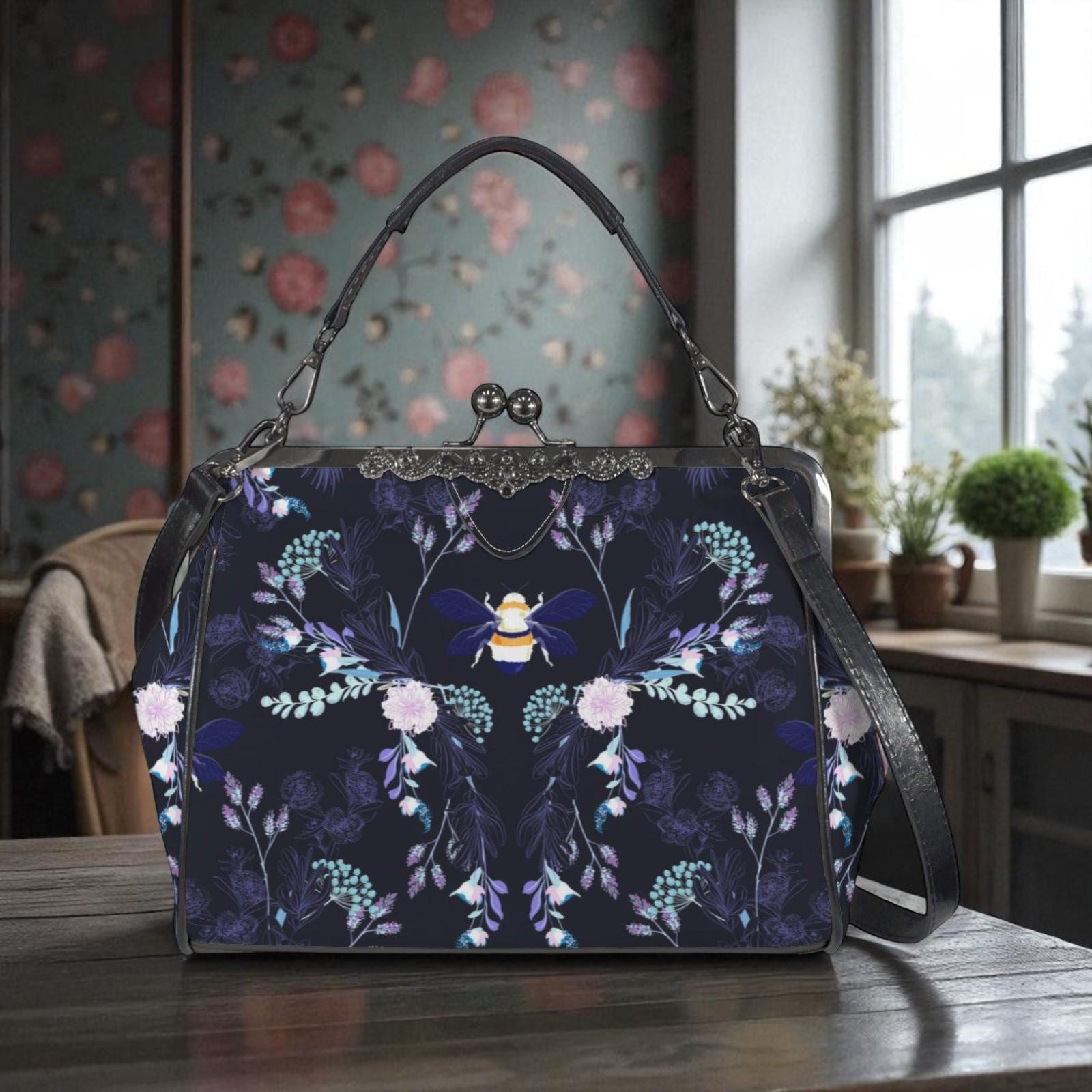 Bee Floral Kisslock Bag, Night Garden Purse, Cottagecore Handbag