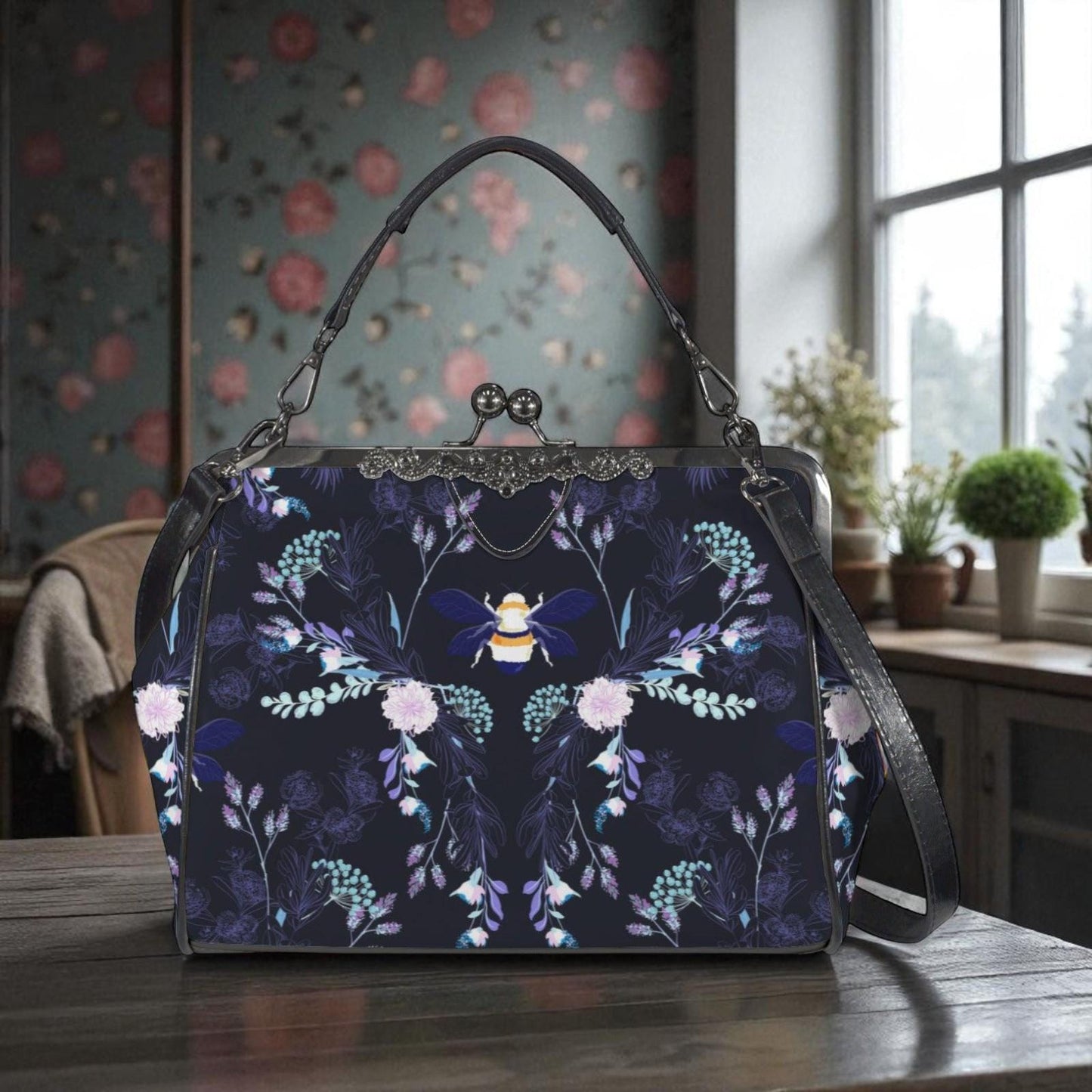 Bee Floral Kisslock Bag, Night Garden Purse, Cottagecore Handbag