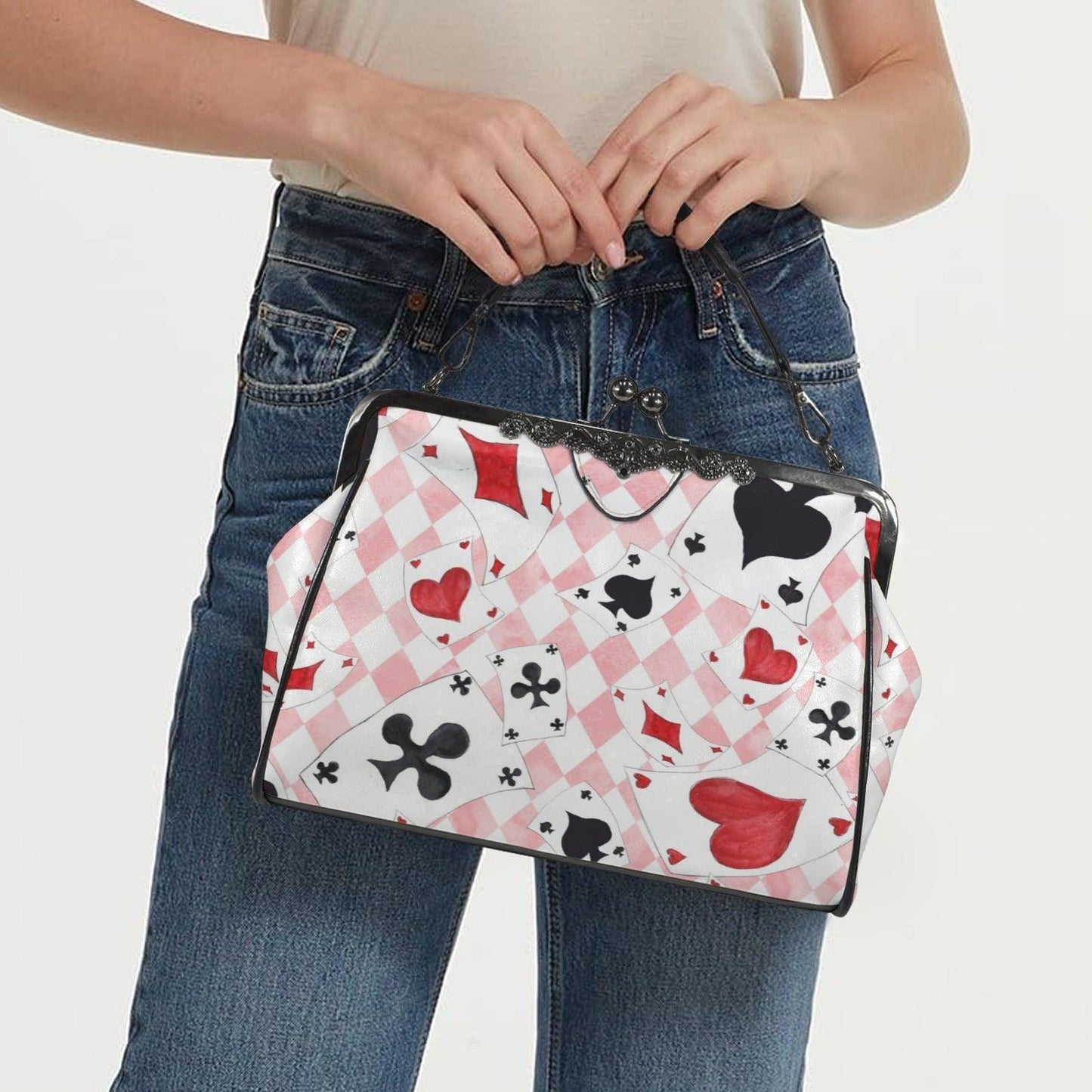 Alice Inspired Harlequin Card Suit Kiss Lock Bag, Pink Wonderland Handbag