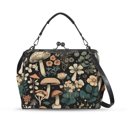 Mushroom Floral Kiss Lock Purse, Woodland Cottagecore Satchel, Vintage Frame Handbag