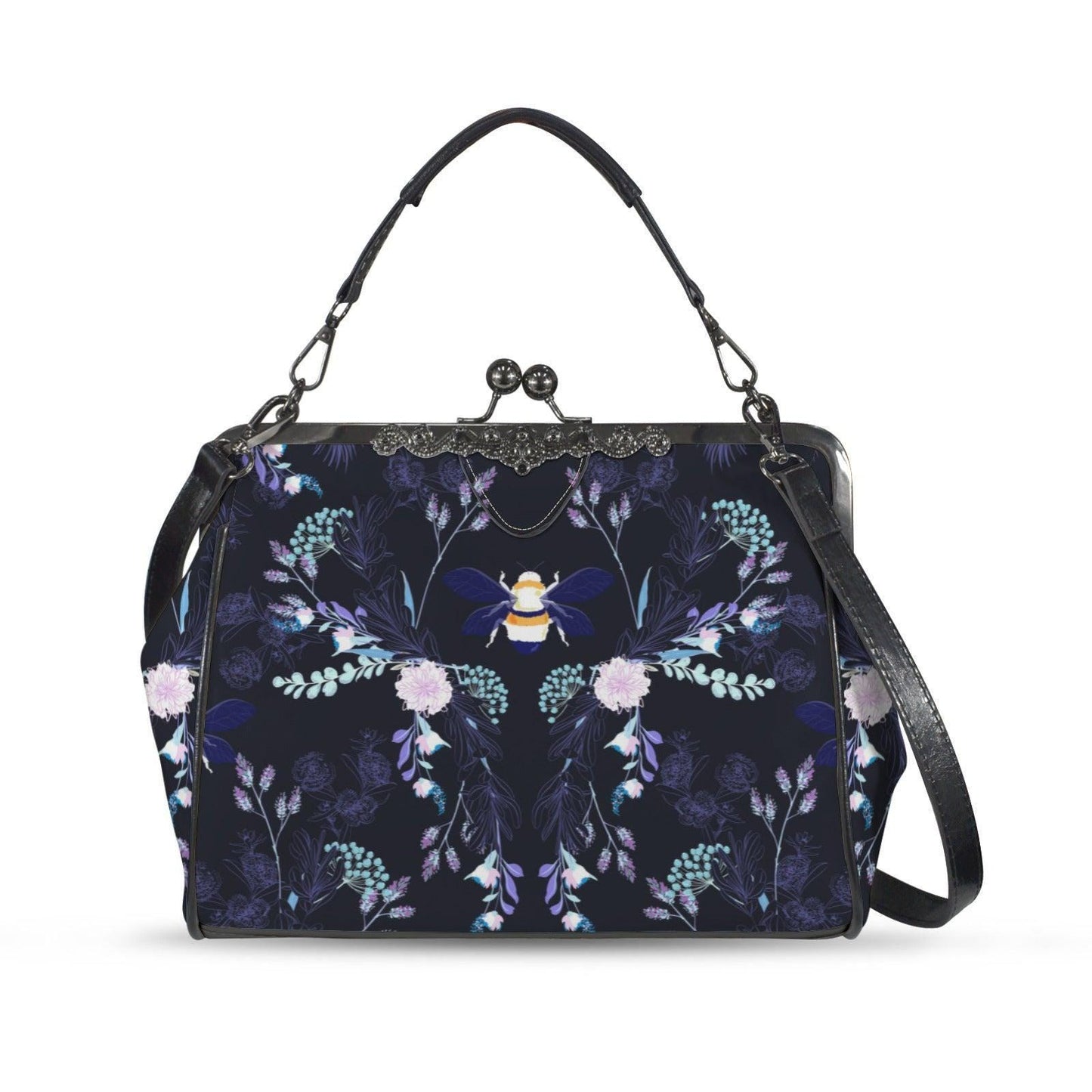 Bee Floral Kisslock Bag, Night Garden Purse, Cottagecore Handbag
