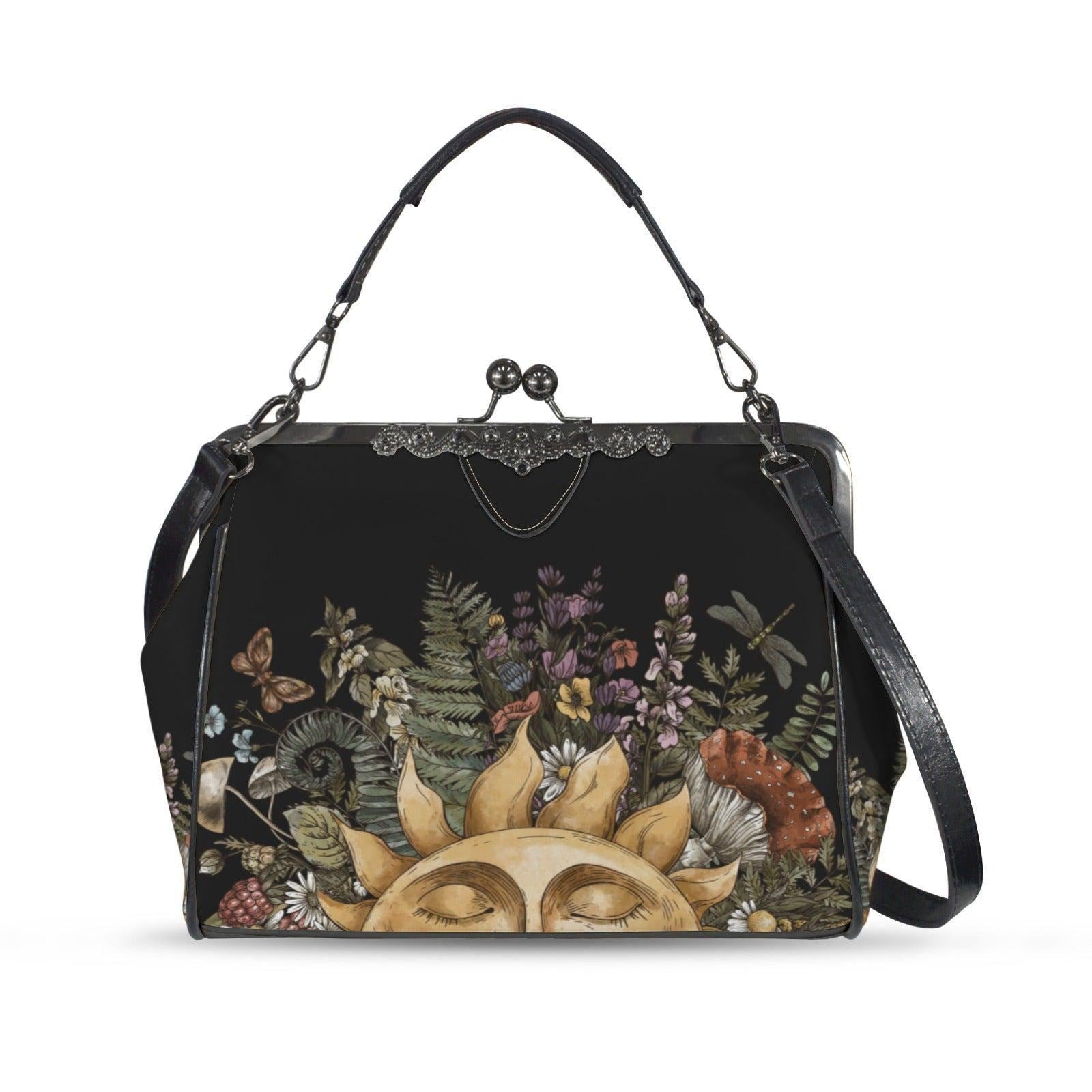 Kiss Lock Purse, Dark Cottagecore Handbag, Sun Botanical Frame Bag