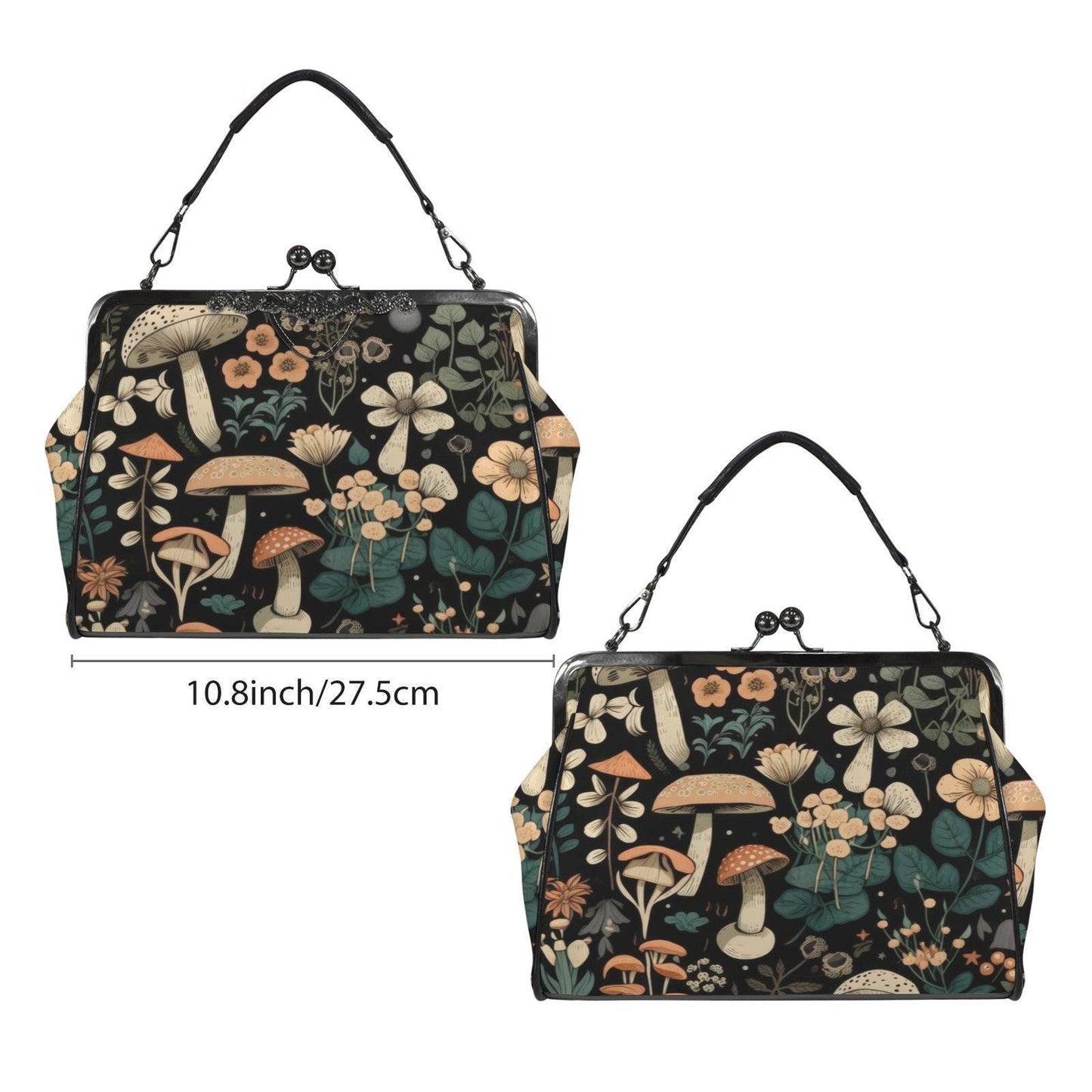 Mushroom Floral Kiss Lock Purse, Woodland Cottagecore Satchel, Vintage Frame Handbag