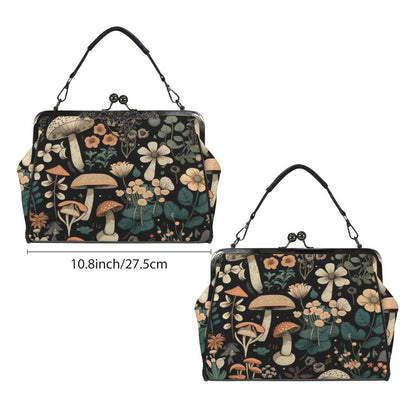 Mushroom Floral Kiss Lock Purse, Woodland Cottagecore Satchel, Vintage Frame Handbag