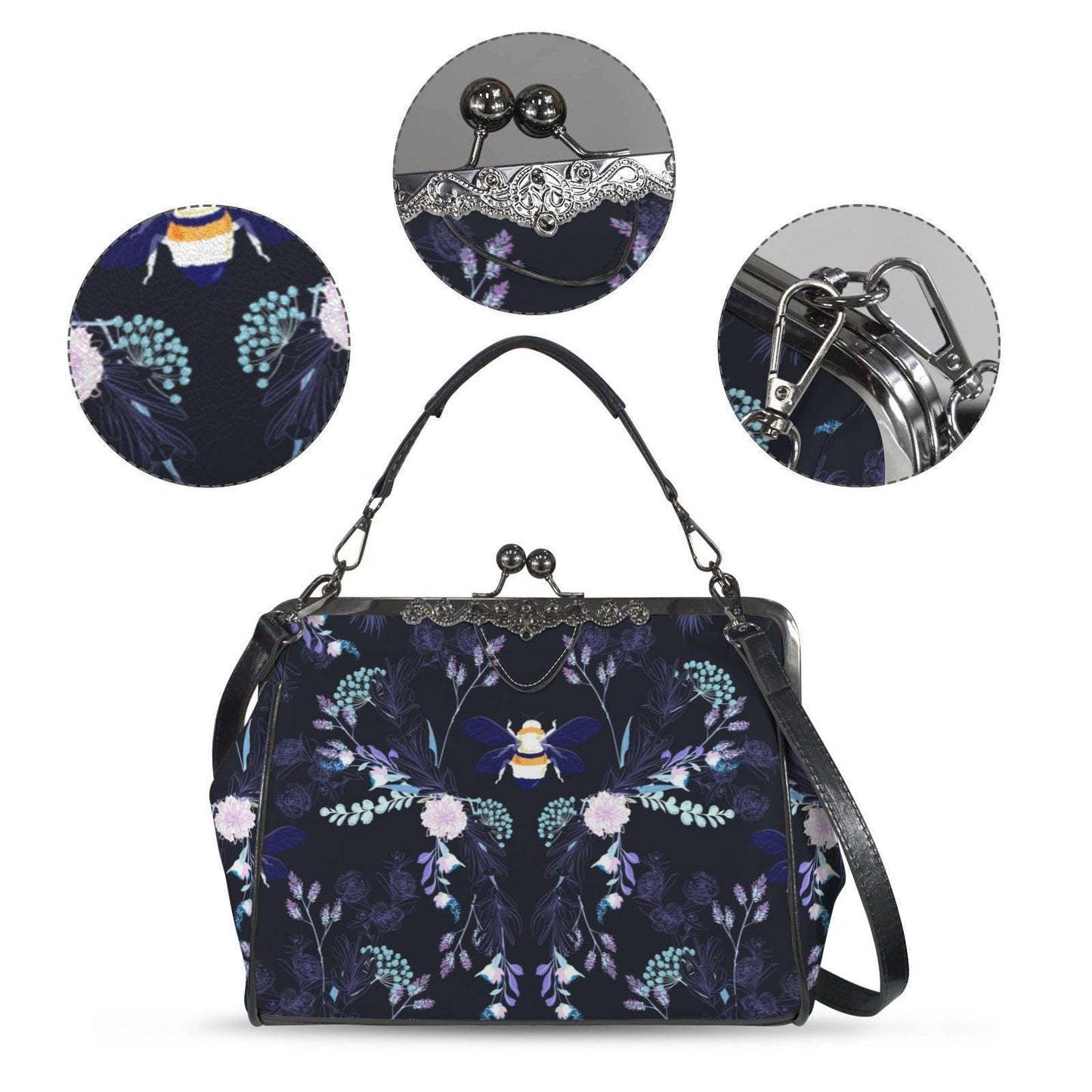Bee Floral Kisslock Bag, Night Garden Purse, Cottagecore Handbag