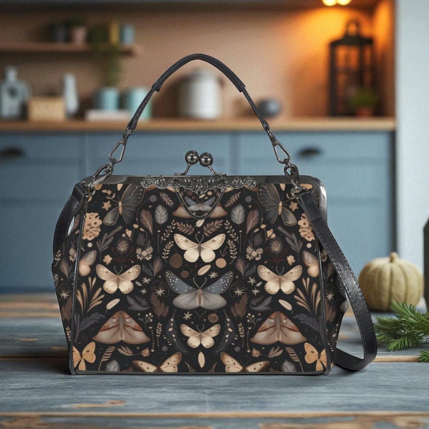Vintage Moth Print Handbag: Botanical Clasp Purse