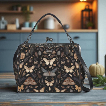 Vintage Moth Print Handbag: Botanical Clasp Purse