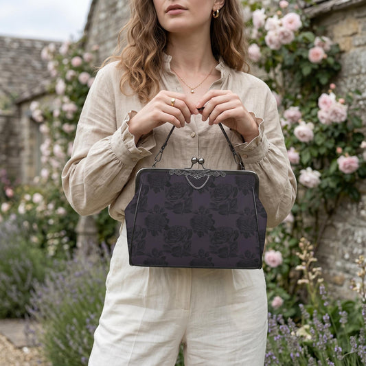 Purple rose kisslock bag, vintage floral frame handbag, dark romance top handle purse, moody black rose print, elegant statement evening bag