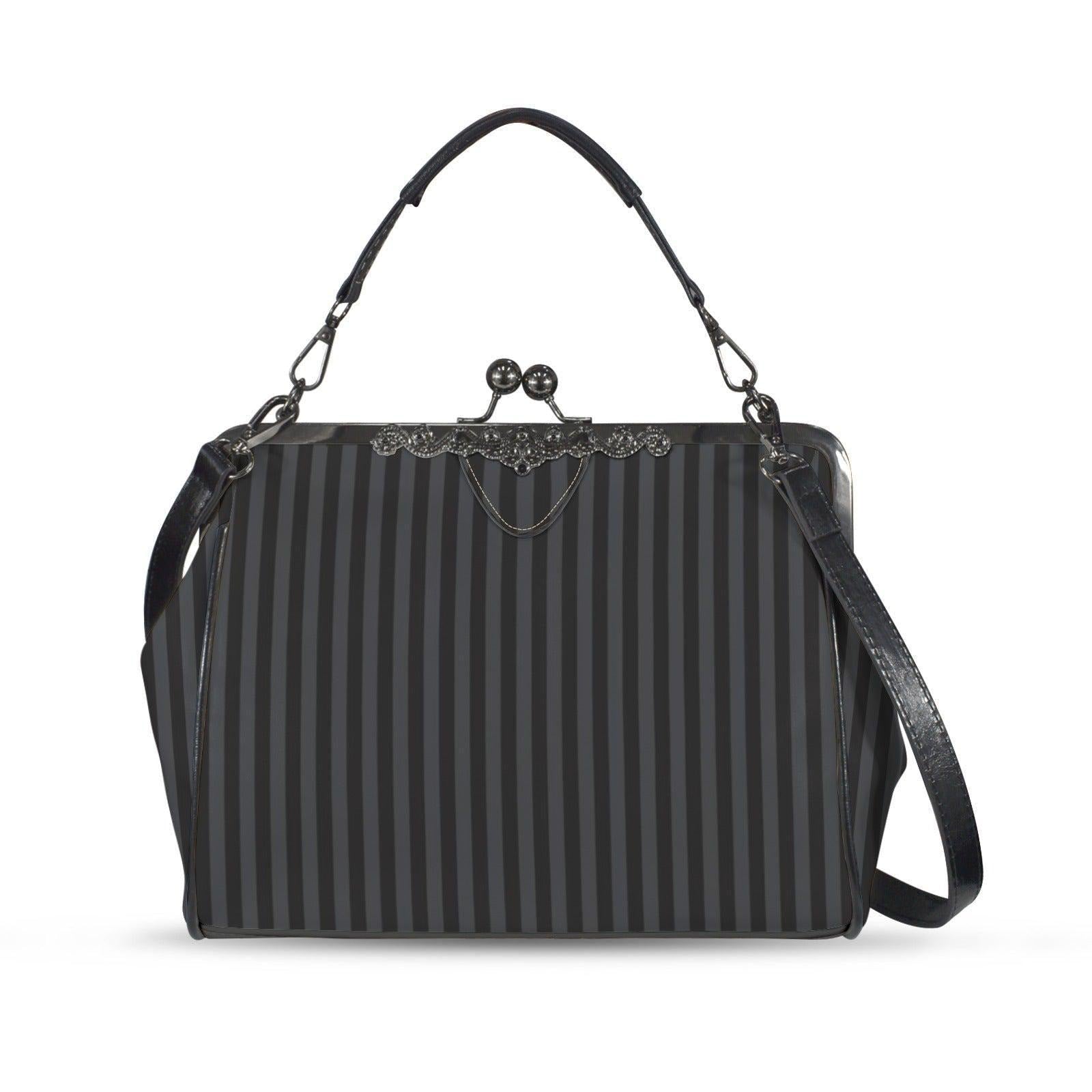 Black Striped Kisslock Bag - Dark Academia Witchcore Gothic Purse Retro Clasp Handbag