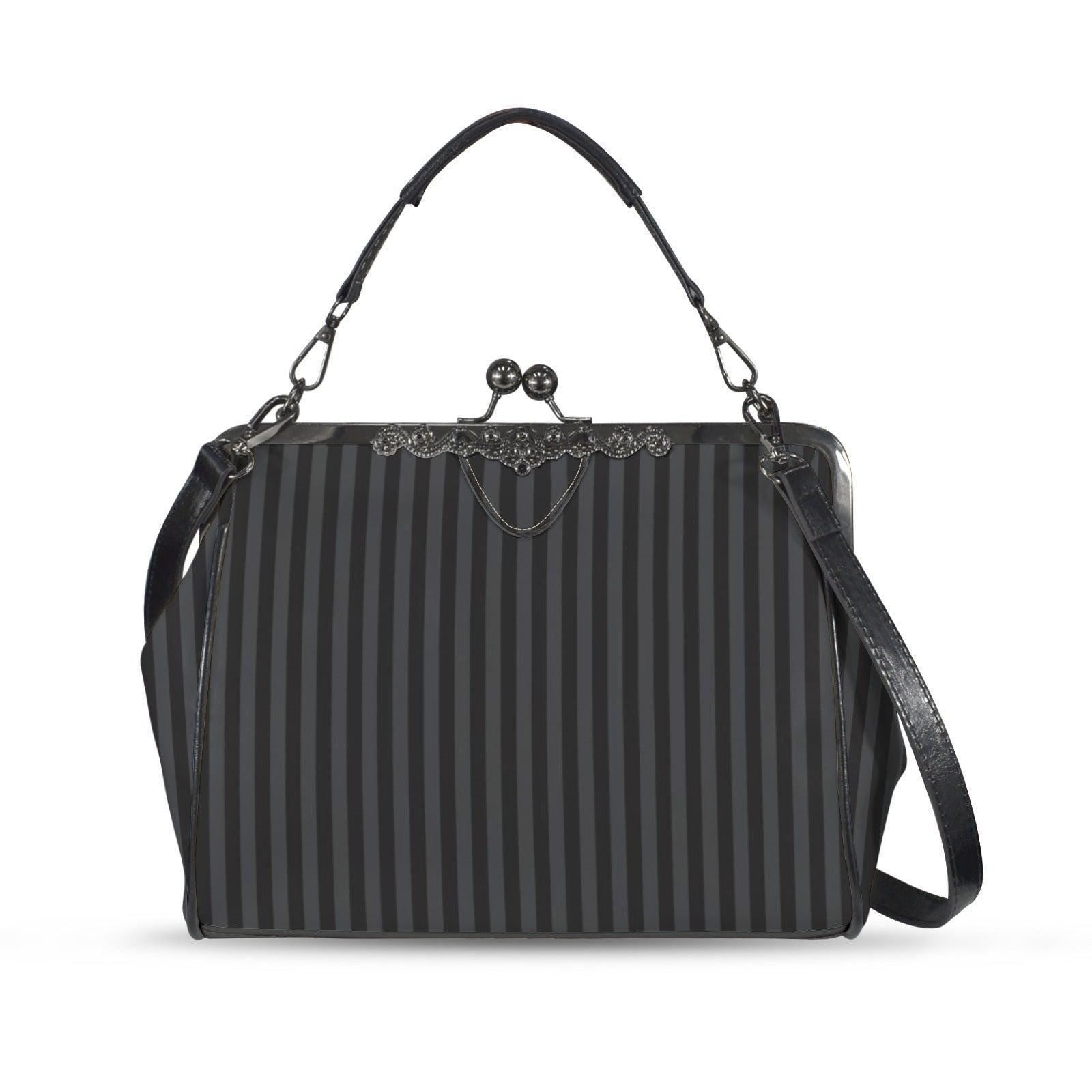 Black Striped Kisslock Bag - Dark Academia Witchcore Gothic Purse Retro Clasp Handbag