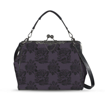 Purple rose kisslock bag, vintage floral frame handbag, dark romance top handle purse