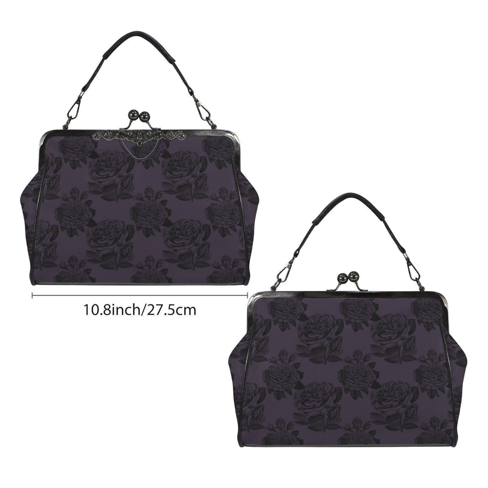 Purple rose kisslock bag, vintage floral frame handbag, dark romance top handle purse, moody black rose print, elegant statement evening bag