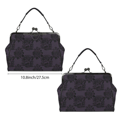 Purple rose kisslock bag, vintage floral frame handbag, dark romance top handle purse