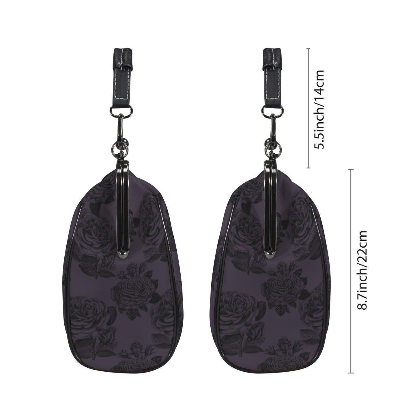 Purple rose kisslock bag, vintage floral frame handbag, dark romance top handle purse, moody black rose print, elegant statement evening bag