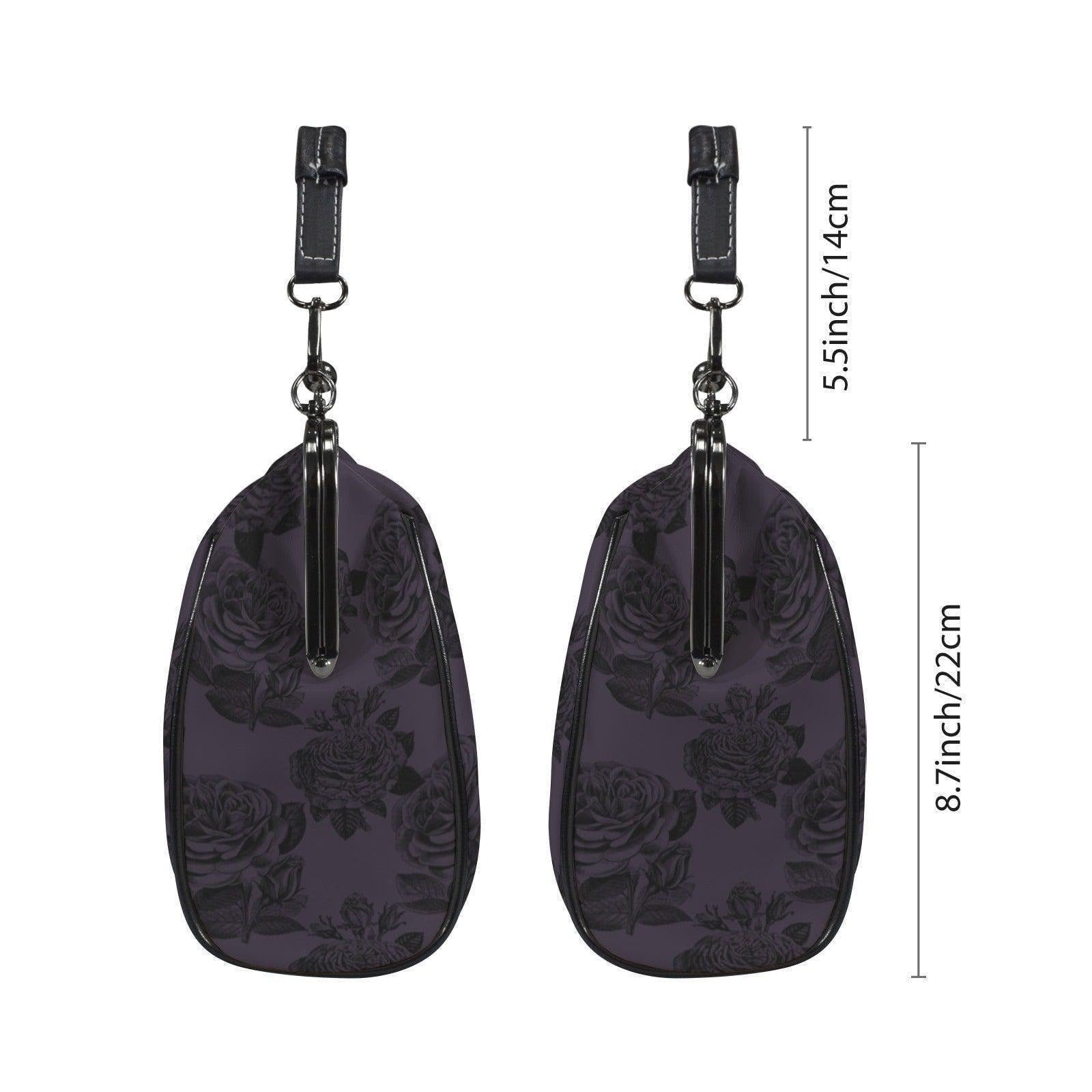 Purple rose kisslock bag, vintage floral frame handbag, dark romance top handle purse, moody black rose print, elegant statement evening bag