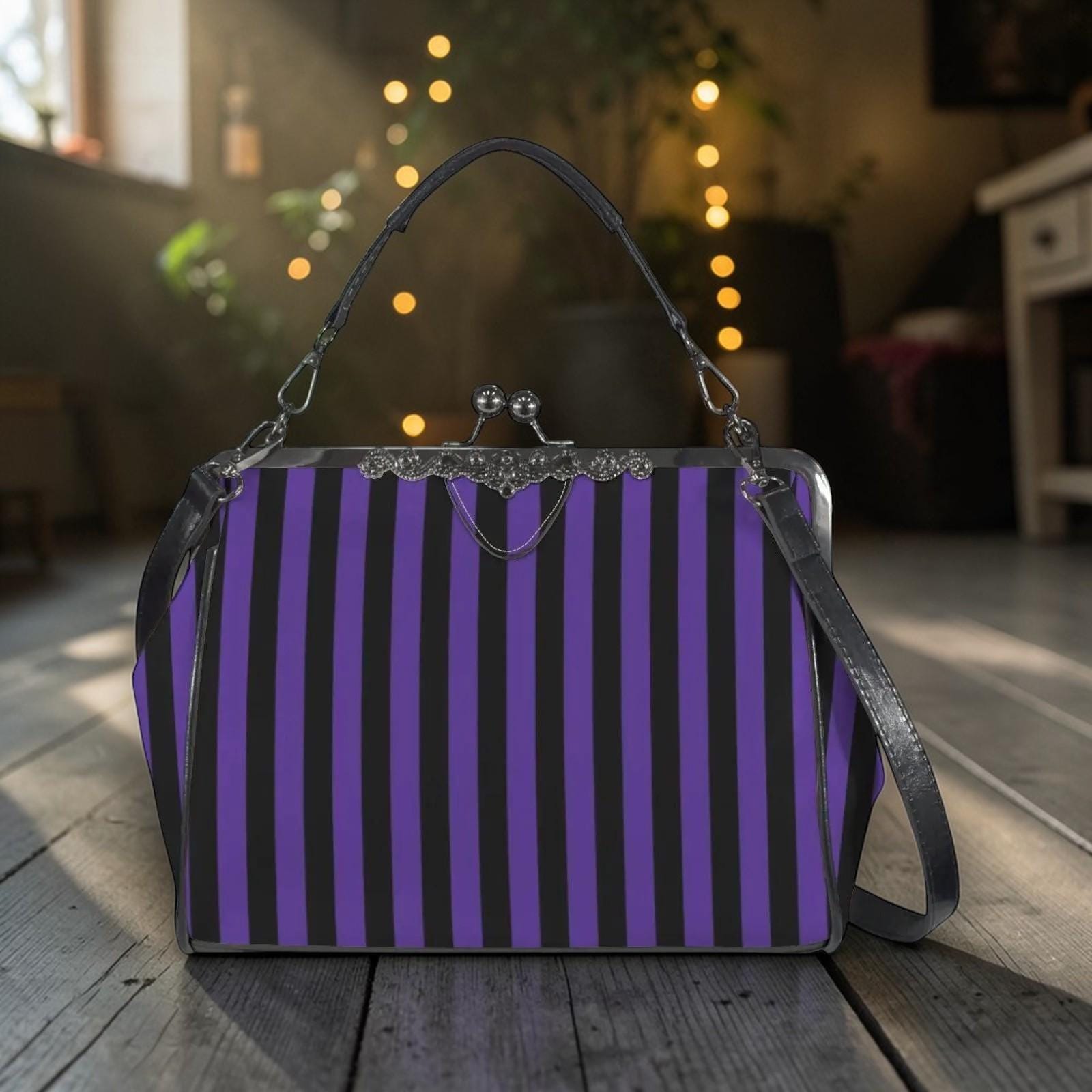 Purple Black Stripe Kiss Lock Purse, Gothic Frame Bag for Witchy Outfit
