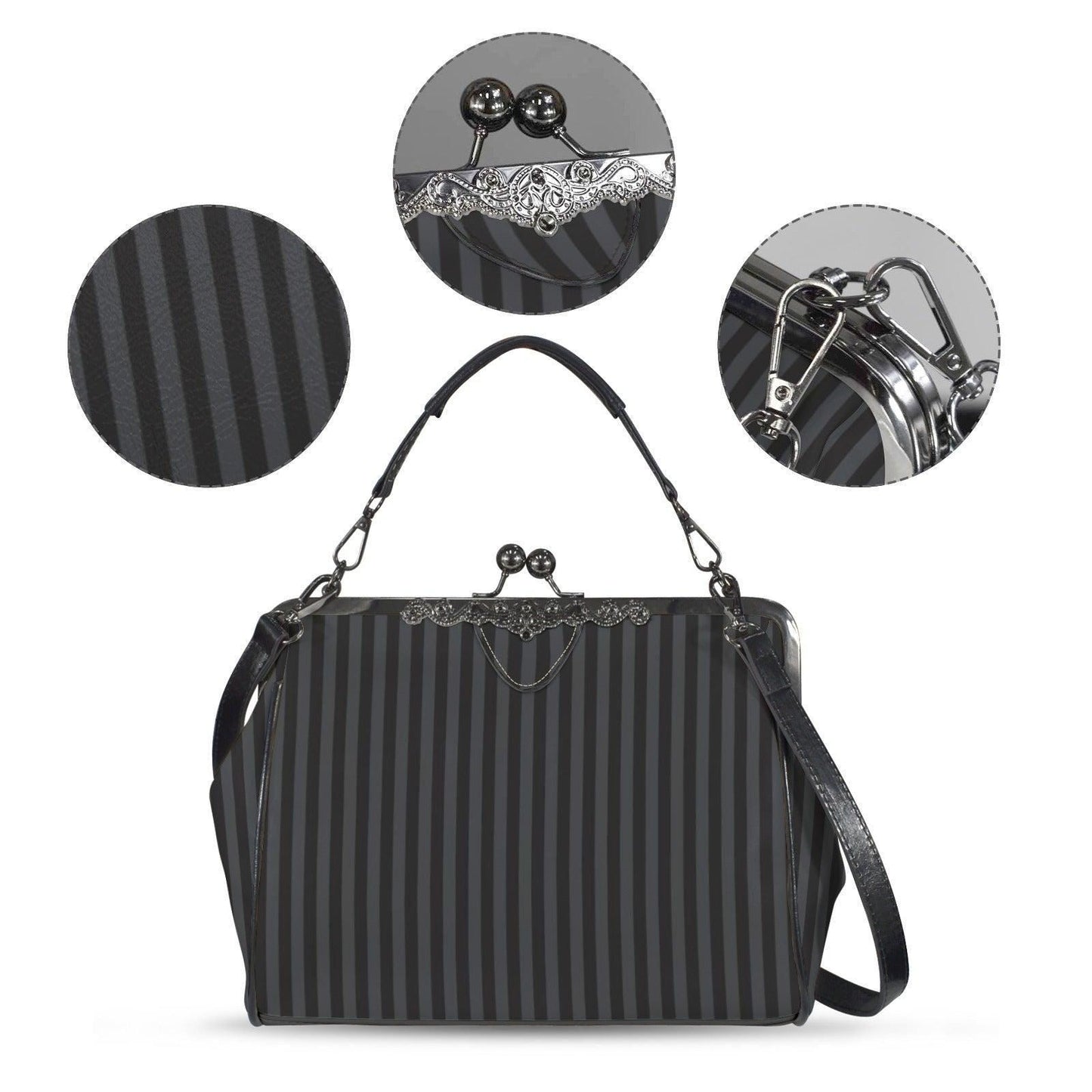 Black Striped Kisslock Bag - Dark Academia Witchcore Gothic Purse Retro Clasp Handbag