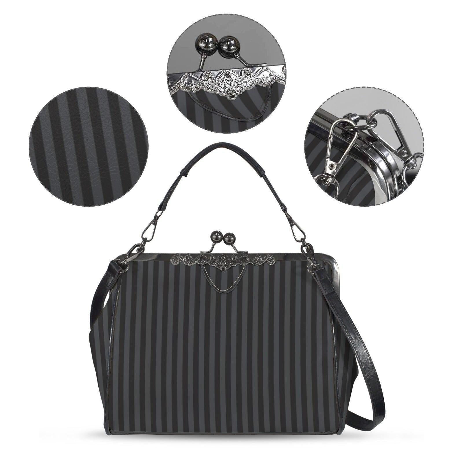 Black Striped Kisslock Bag - Dark Academia Witchcore Gothic Purse Retro Clasp Handbag