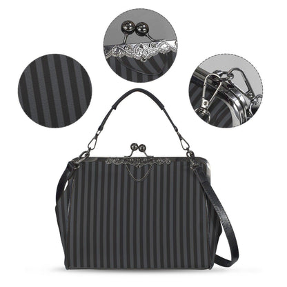 Black Striped Kisslock Bag - Dark Academia Witchcore Gothic Purse Retro Clasp Handbag