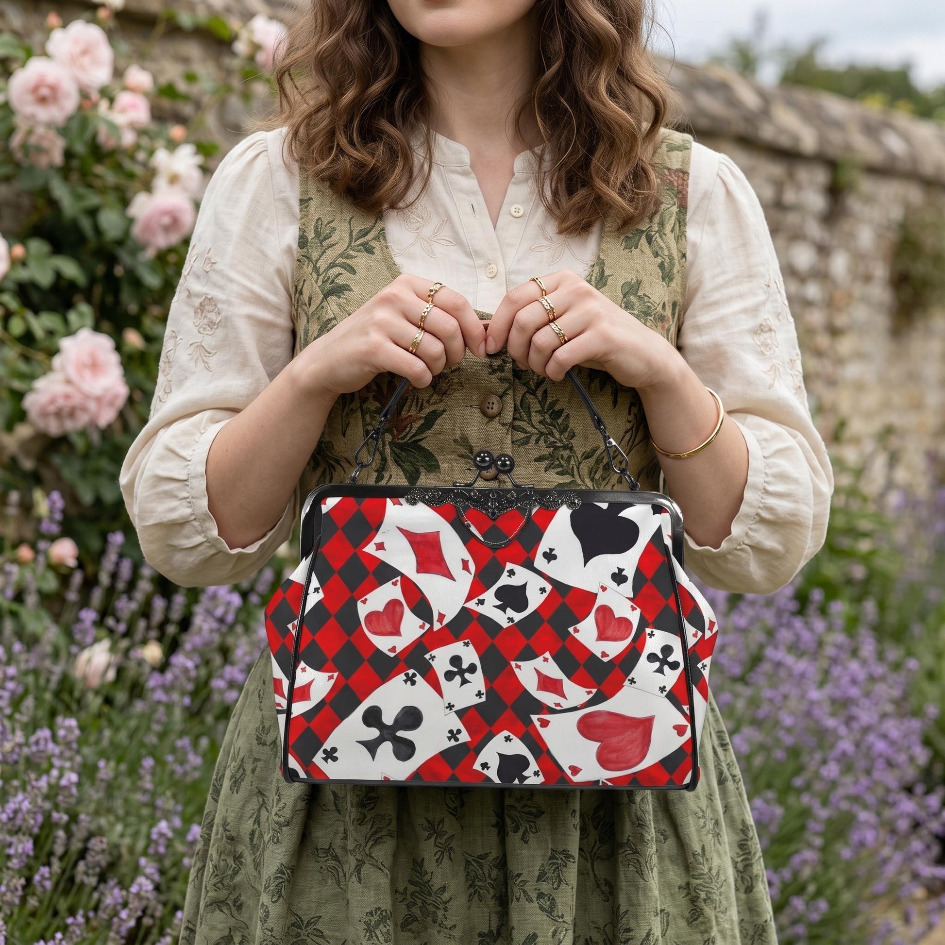 Alice in Wonderland inspired kisslock bag, Queen of Hearts card suit purse, red harlequin frame handbag, vintage top handle novelty bag