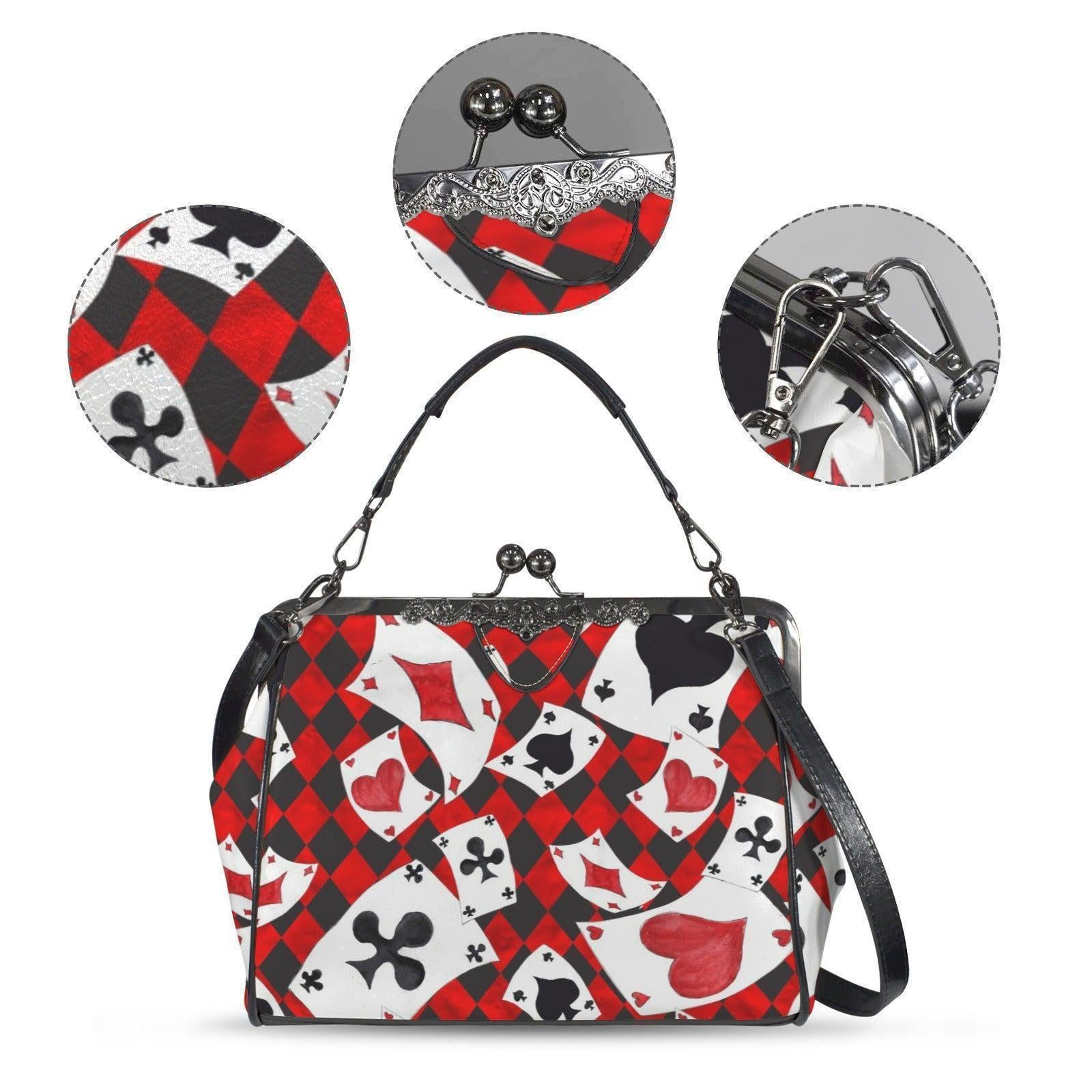 Alice in Wonderland inspired kisslock bag, Queen of Hearts card suit purse, red harlequin frame handbag, vintage top handle novelty bag