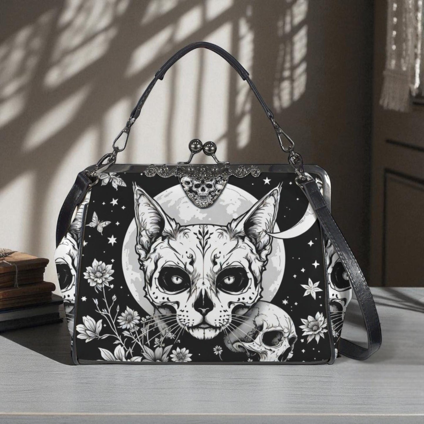 Kiss Lock Cat Purse with Moon Skull Art, Black Floral Frame Bag