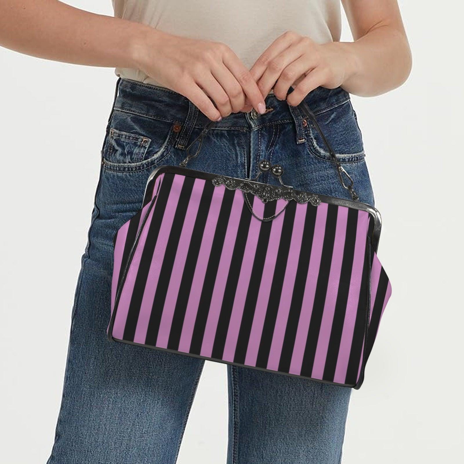 Pink and Black Stripe Vintage Handbag, Carnival Witchy Satchel, Retro Festival Bag