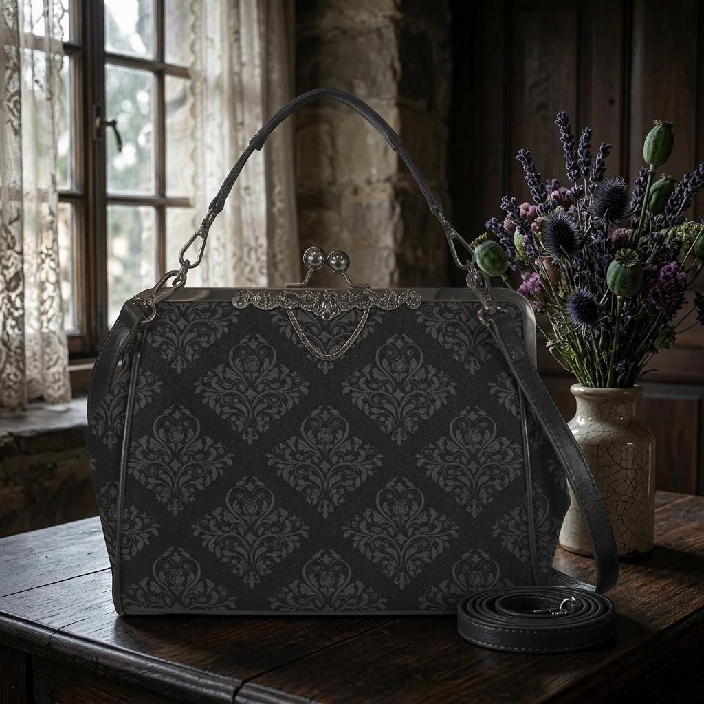 Black Damask Frame Handbag, Victorian Kisslock Evening Bag, Ornate Top Handle Purse