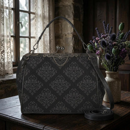 Black Damask Frame Handbag, Victorian Kisslock Evening Bag, Ornate Top Handle Purse