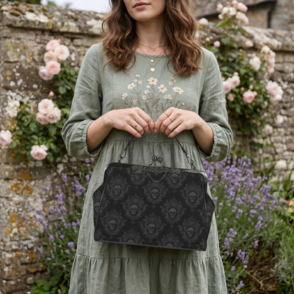 Skull Damask Kisslock Bag, Vintage Gothic Handbag, Victorian Style Purse, Witchy Top Handle Shoulder Bag