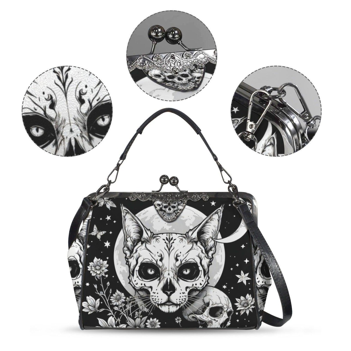 Kiss Lock Cat Purse with Moon Skull Art, Black Floral Frame Bag